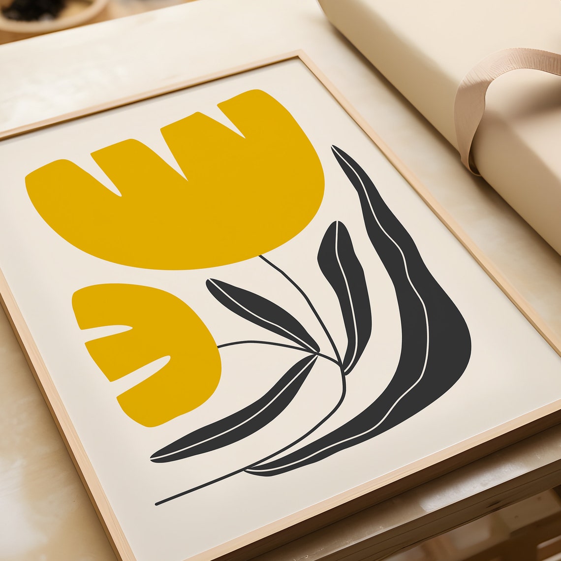 Yellow Abstract Tulip Flower Black Leaves Modern Minimal Art Poster - Image 3