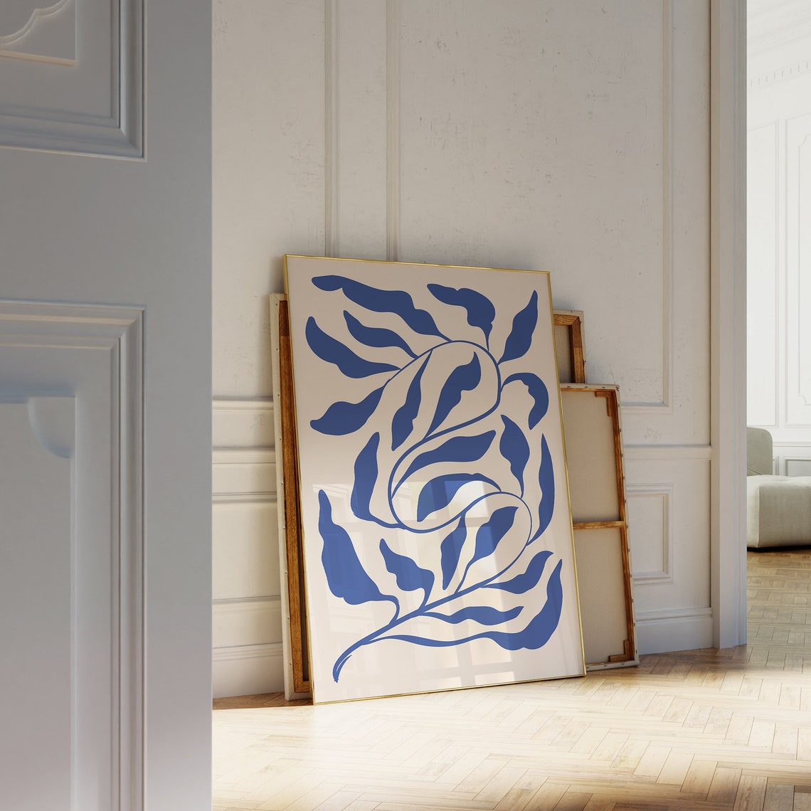 Cobalt Blue Botanical Leaf Abstract Matisse Style Cream Art Poster - Image 2