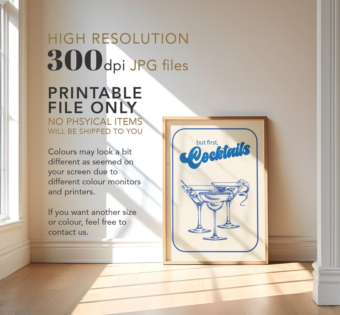 But First Cocktails Retro Navy Martini Margarita Bar Cart Poster - Image 4