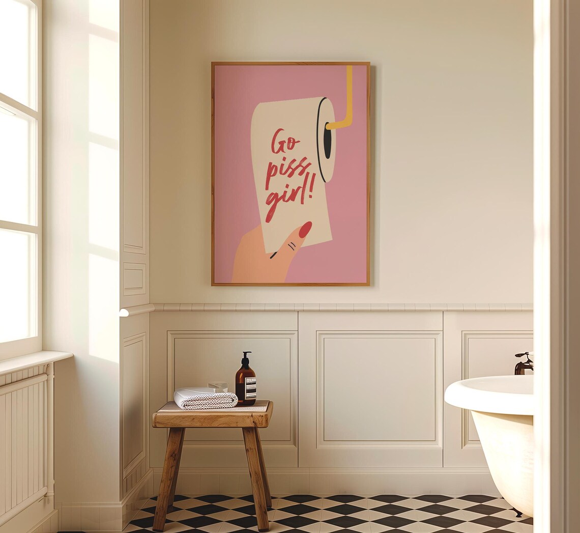 Go Piss Girl Funny Toilet Paper Pink Bathroom Quote Wall Art - Image 3