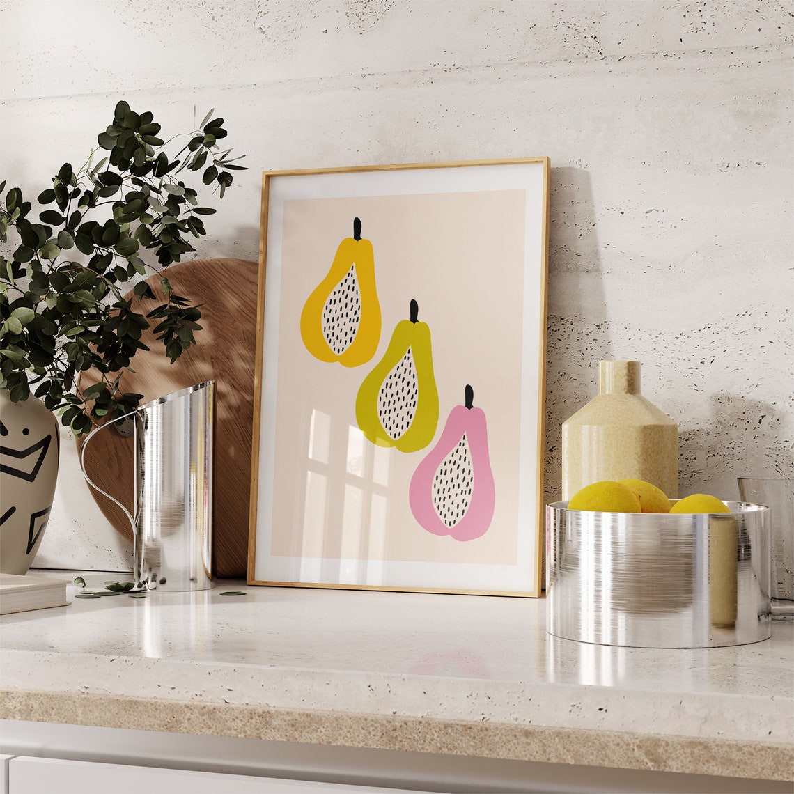 Colorful Pear Trio Abstract Fruit Art Minimalist Kitchen Wall Art