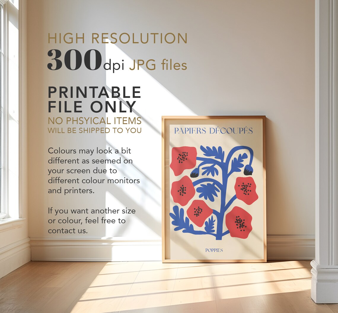 Papiers Decoupes Red Poppies Blue Stems Bold Floral Botanical Wall Art - Image 4