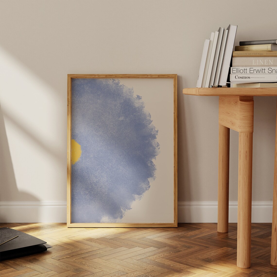 Blue Watercolor Abstract Yellow Sun Minimalist Modern Calm Art Poster - Image 2