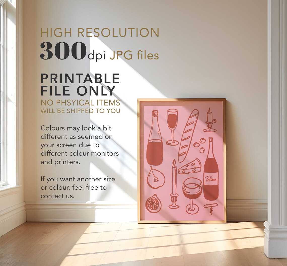 Wine And Cheese French Picnic Red Illustration Dinner Wall Art - Image 4