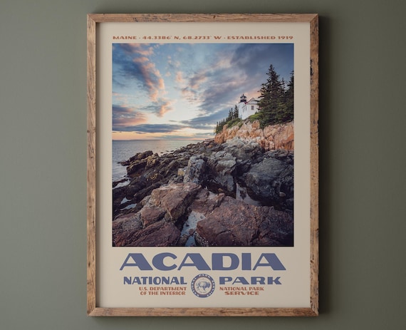 Acadia National Park Maine Lighthouse Coast Vintage Photo Travel Poster
