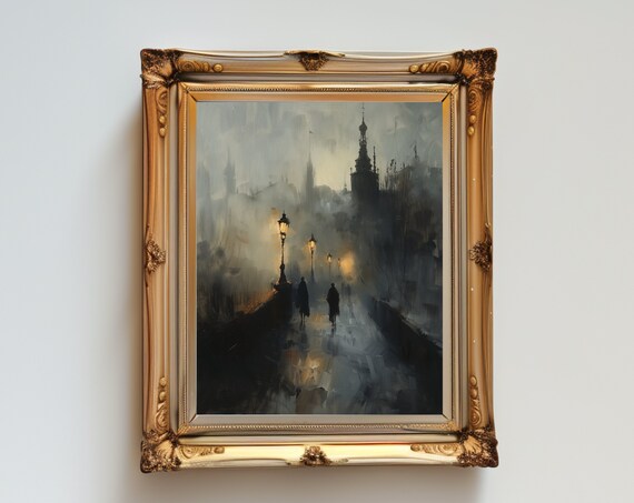 Medieval City Oil Painting Art Print Lamppost Muted Vintage Neutral Gothic Home Decor Moody Misty Night Hta023
