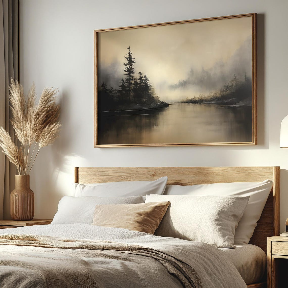 Moody Misty Forest Lake Landscape Minimalist Nature Painting Poster - Image 2