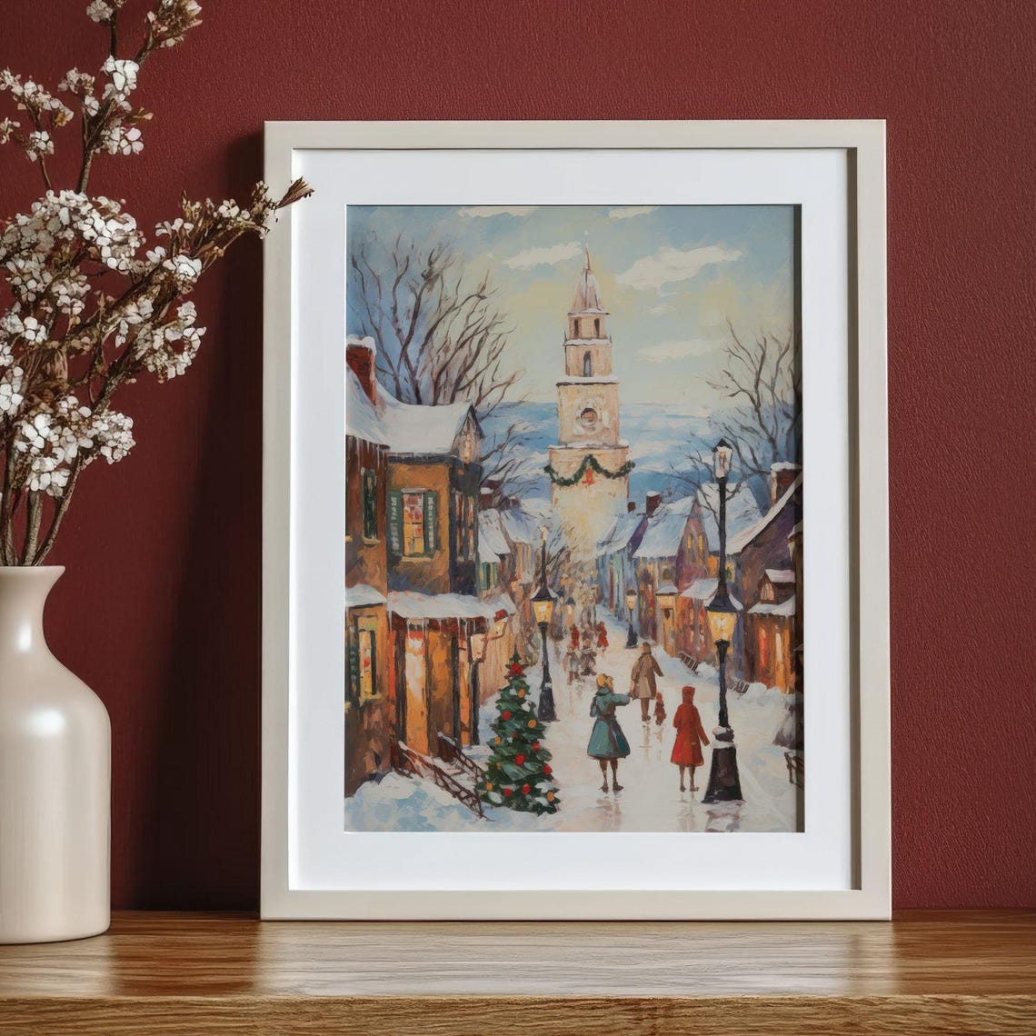 Festive Winter Town Street Clock Tower Christmas Village Art Poster - Image 4