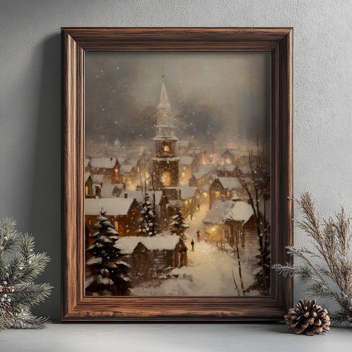Snowy Christmas Town Church Steeple Night Glowing Village Art Poster - Image 3