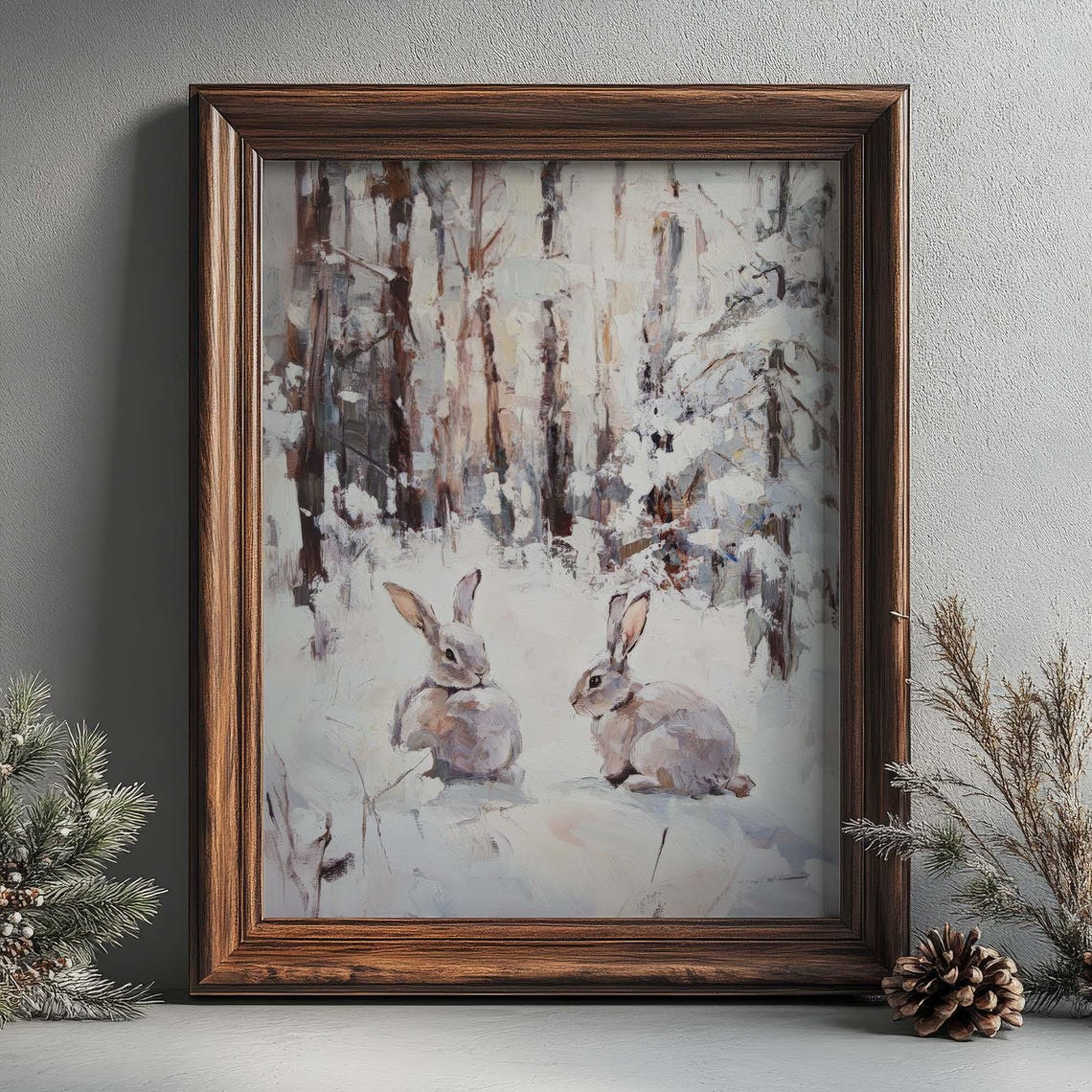 Two Rabbits Snowy Winter Forest Vintage Woodland Wildlife Poster - Image 4