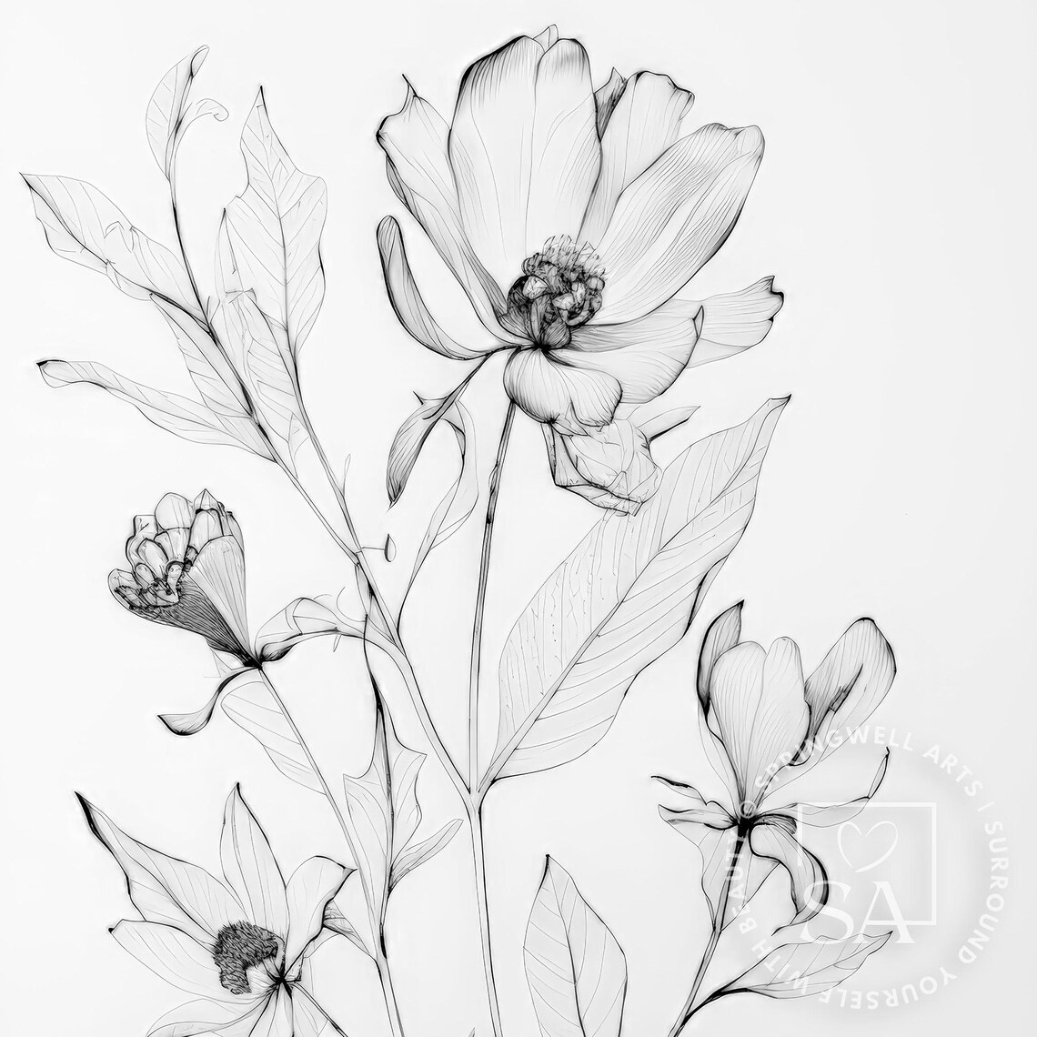 Flower Sketch Black and White Botanical Art Print - Image 4