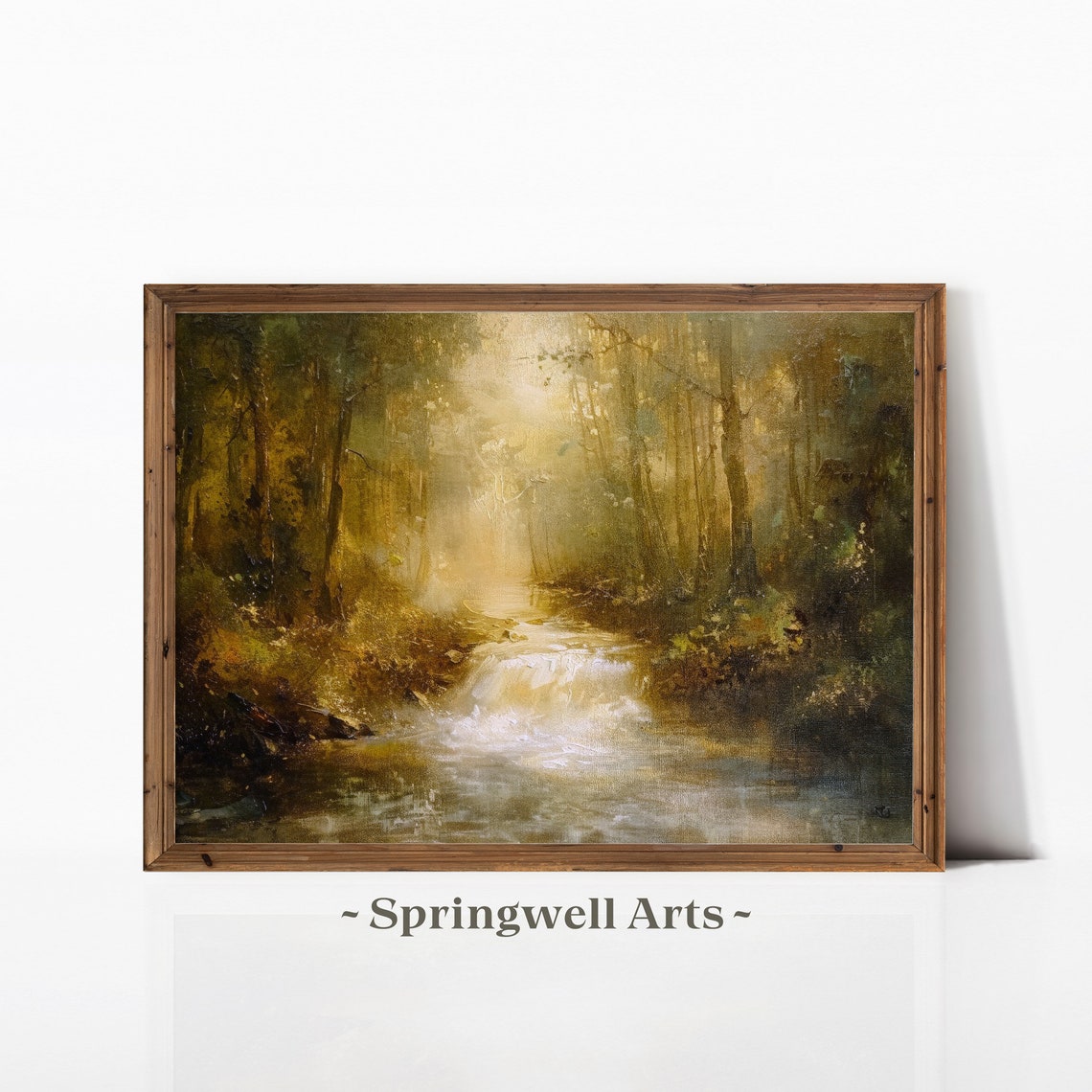 Vintage Waterfall Landscape Painting Tranquil Woodland Wall Art Serene Forest Scenery Rustic Home Decor Instant