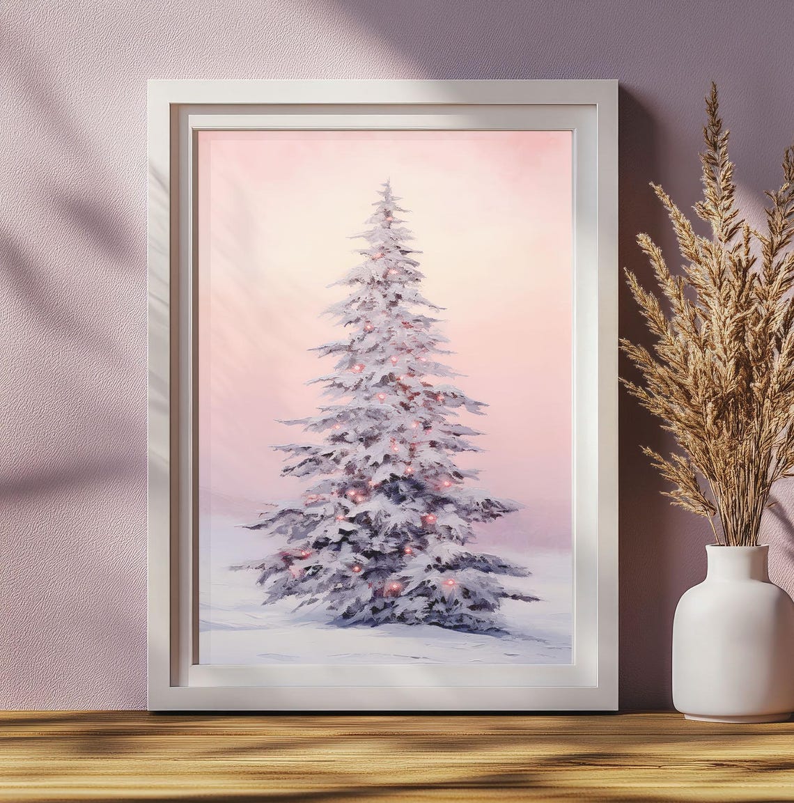 Snowy Christmas Tree Pink Sky Holiday Winter Wonderland Art Poster - Image 3