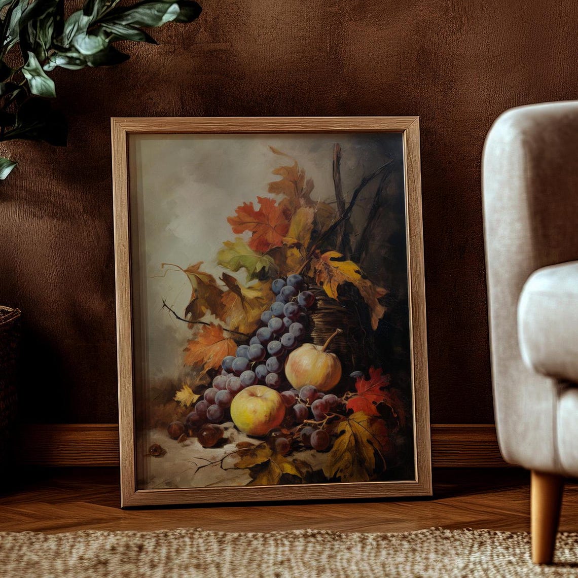 Autumn Still Life Grapes Apples And Fall Leaves Vintage Fruit Poster - Image 3