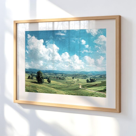 Green Prairie Grass Landscape, Vintage Countryside Art Print