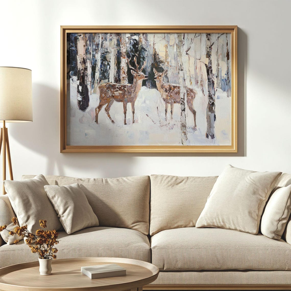 Stag And Doe Snowy Birch Woodland Vintage Winter Wildlife Poster - Image 5
