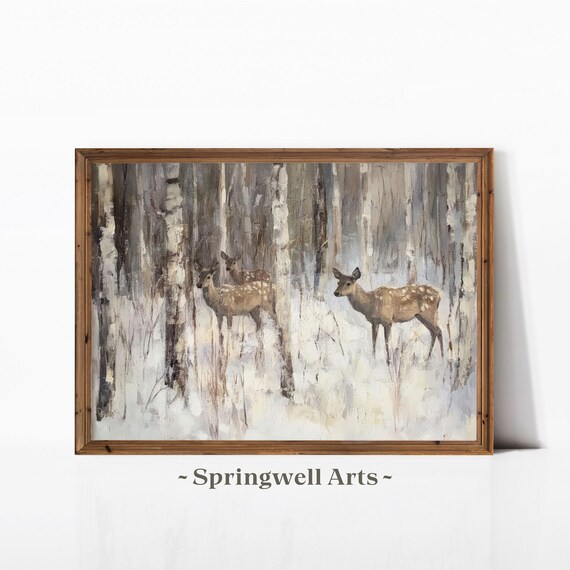 Deer Herd Snowy Birch Forest Vintage Woodland Winter Scene Poster
