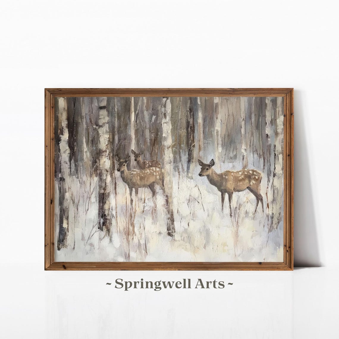 Deer Herd Snowy Birch Forest Vintage Woodland Winter Scene Poster