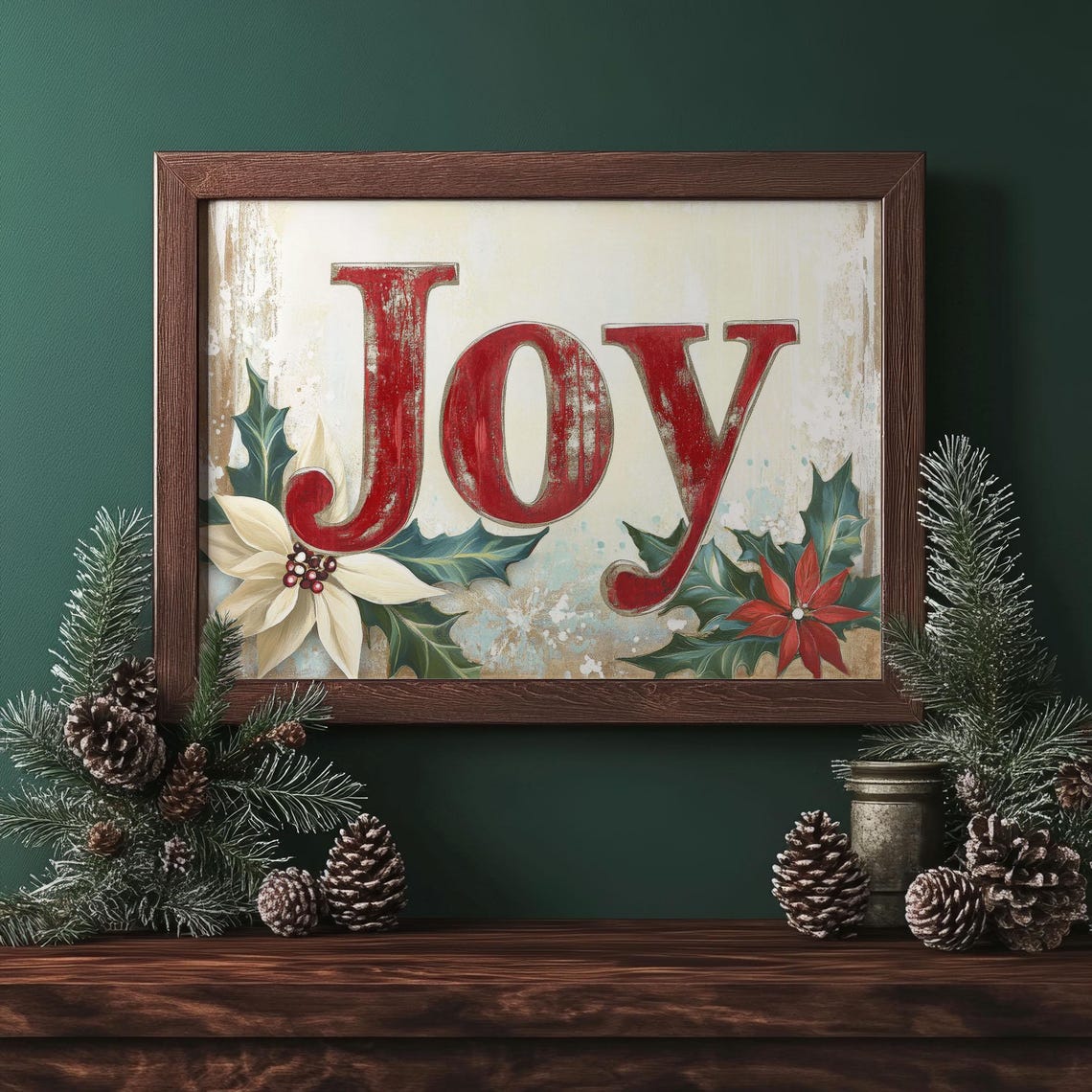 Vintage Red Joy Christmas Sign Poinsettia Holly Holiday Wall Poster - Image 3