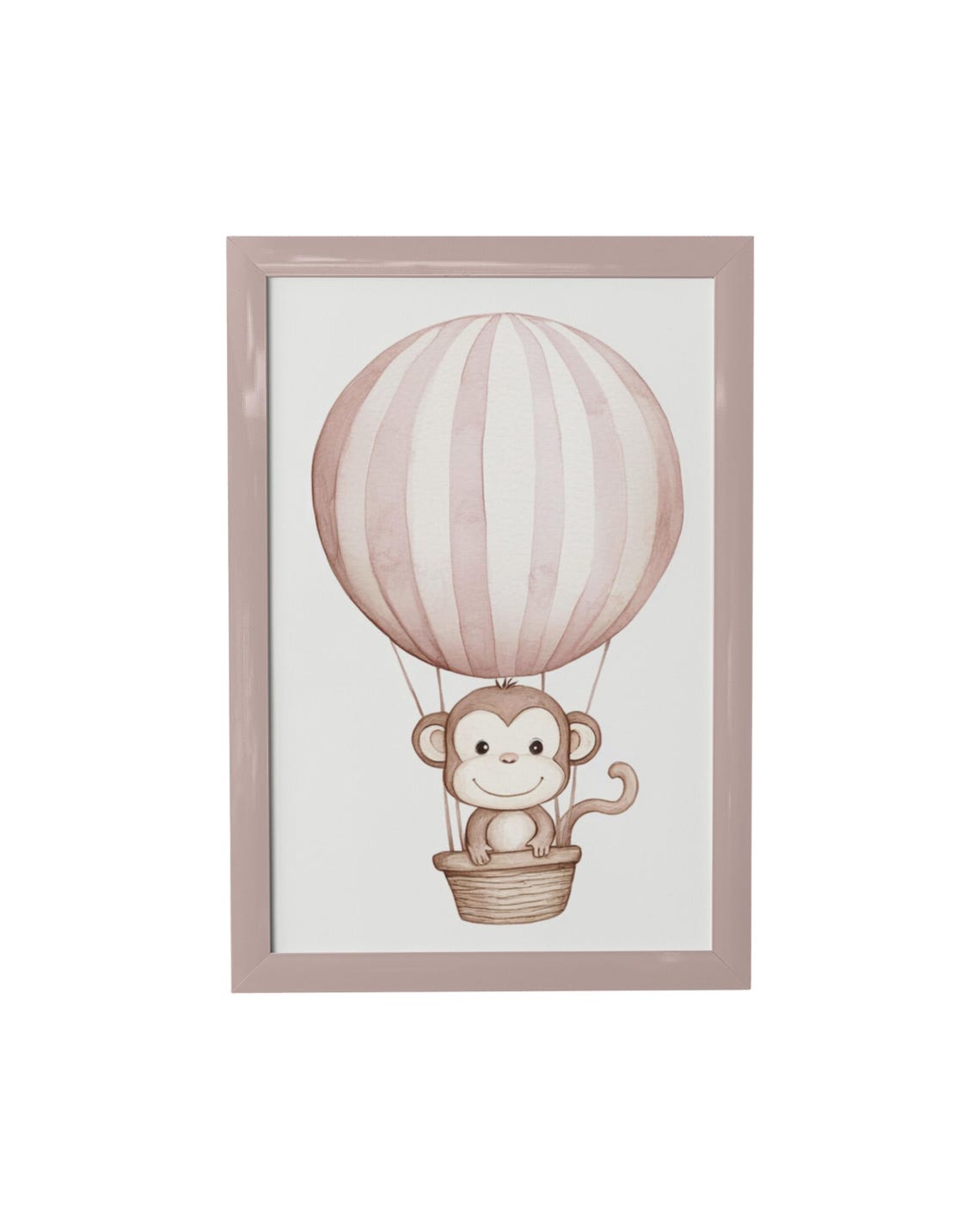 Playful Monkey in Pink Hot Air Balloon Watercolor Nursery Wall Art