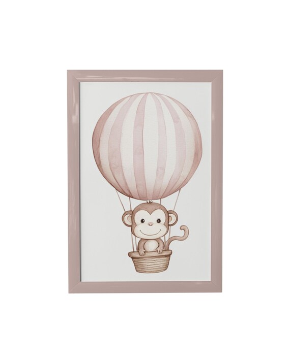 Playful Monkey in Pink Hot Air Balloon Watercolor Nursery Wall Art