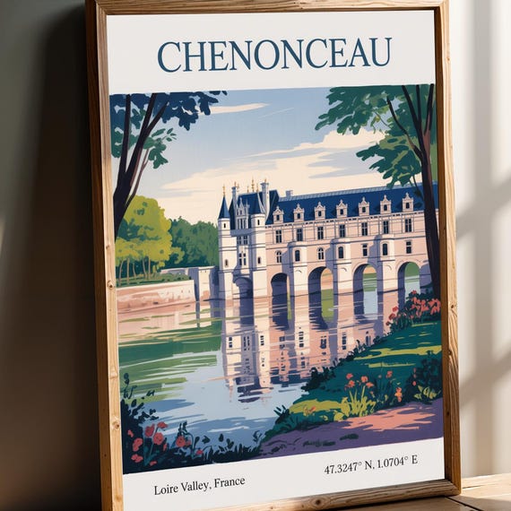 Chteau De Chenonceau Poster French Castle Art Print Green And Blue Contemporary Travel Loire Valley Illustration