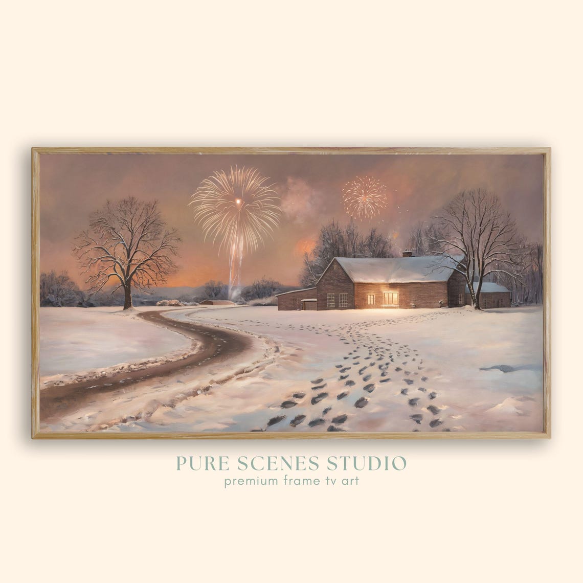 Snowy Farmhouse Fireworks Winter Celebration Painting Poster