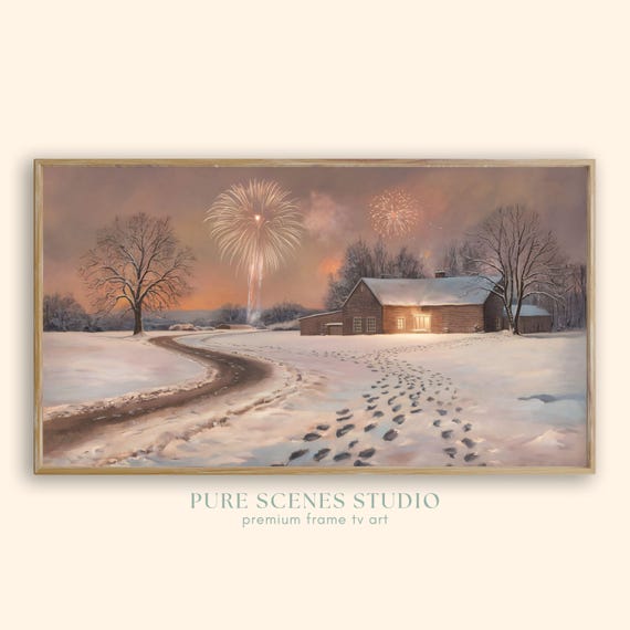 Frame Tv Art New Years Frame Tv Art 4k Vintage Landscape Painting Snowy Road Farmhouse Fireworks Tv Wallpaper