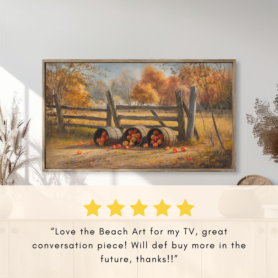 Apple Barrels Resting by Rustic Wooden Fence Autumn Farm Poster - Image 2