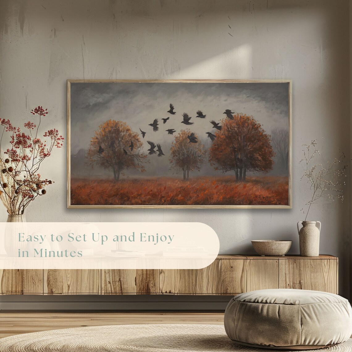 Moody Fall Frame Tv Art Autumn Field With Crows Vintage Landscape Wall Art Atmospheric Fall Decor Rustic Nature Scene - Image 5
