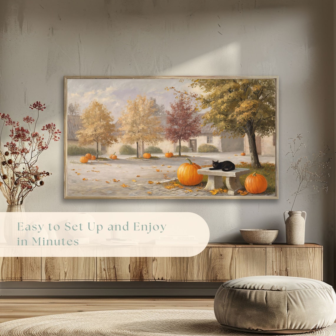 Autumn Village Square with Pumpkins and Black Cat Vintage Poster - Image 5