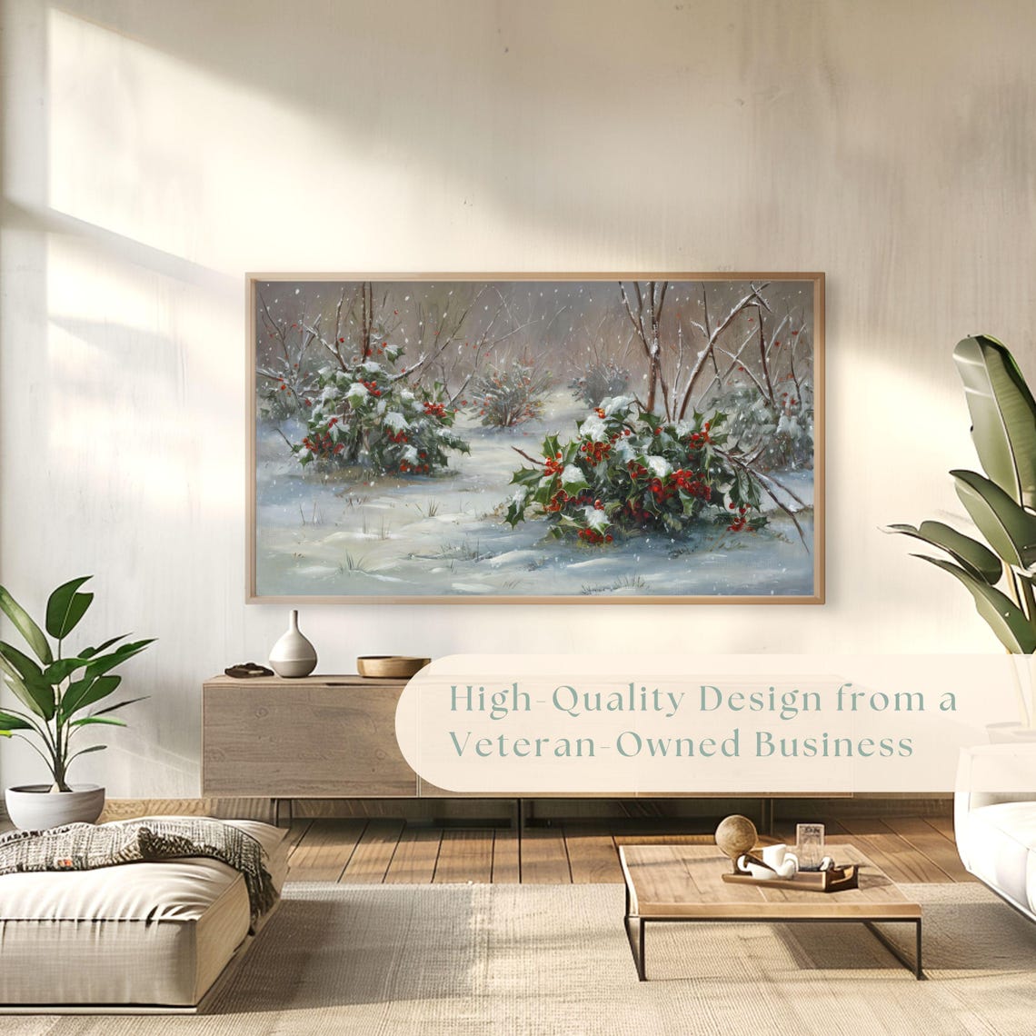 Snowy Holly Bushes Red Berries Falling Snow Winter Garden Scene Poster - Image 4