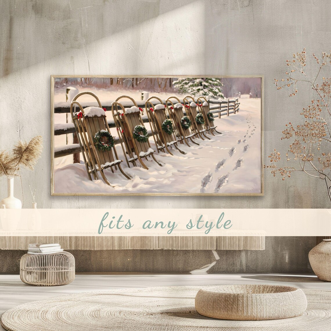 Vintage Wooden Sleds With Christmas Wreaths Snowy Country Field Poster - Image 3