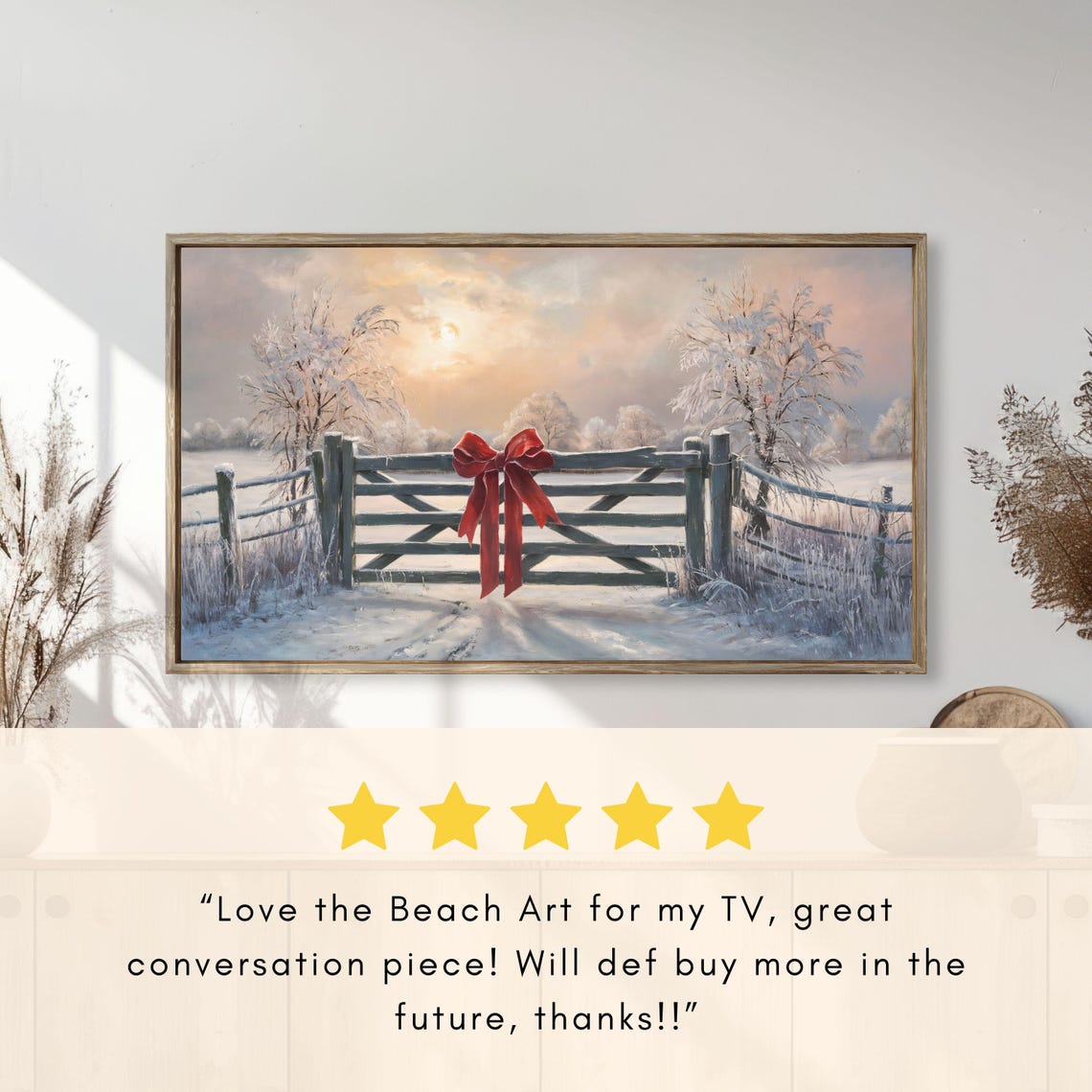 Rustic Wooden Farm Gate Giant Red Bow Snowy Sunrise Winter Poster - Image 2