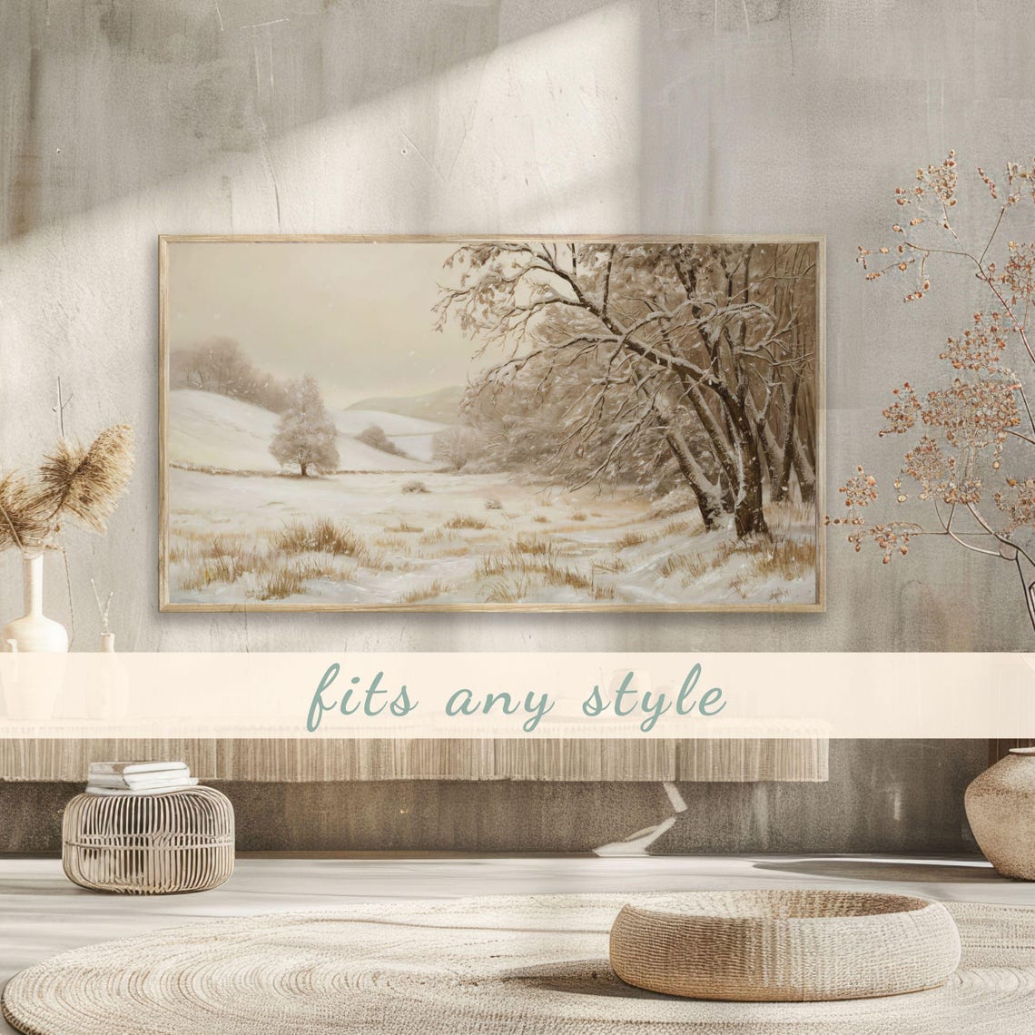 Peaceful Snowy Valley Bare Trees Gentle Snowfall Neutral Tones Poster - Image 3