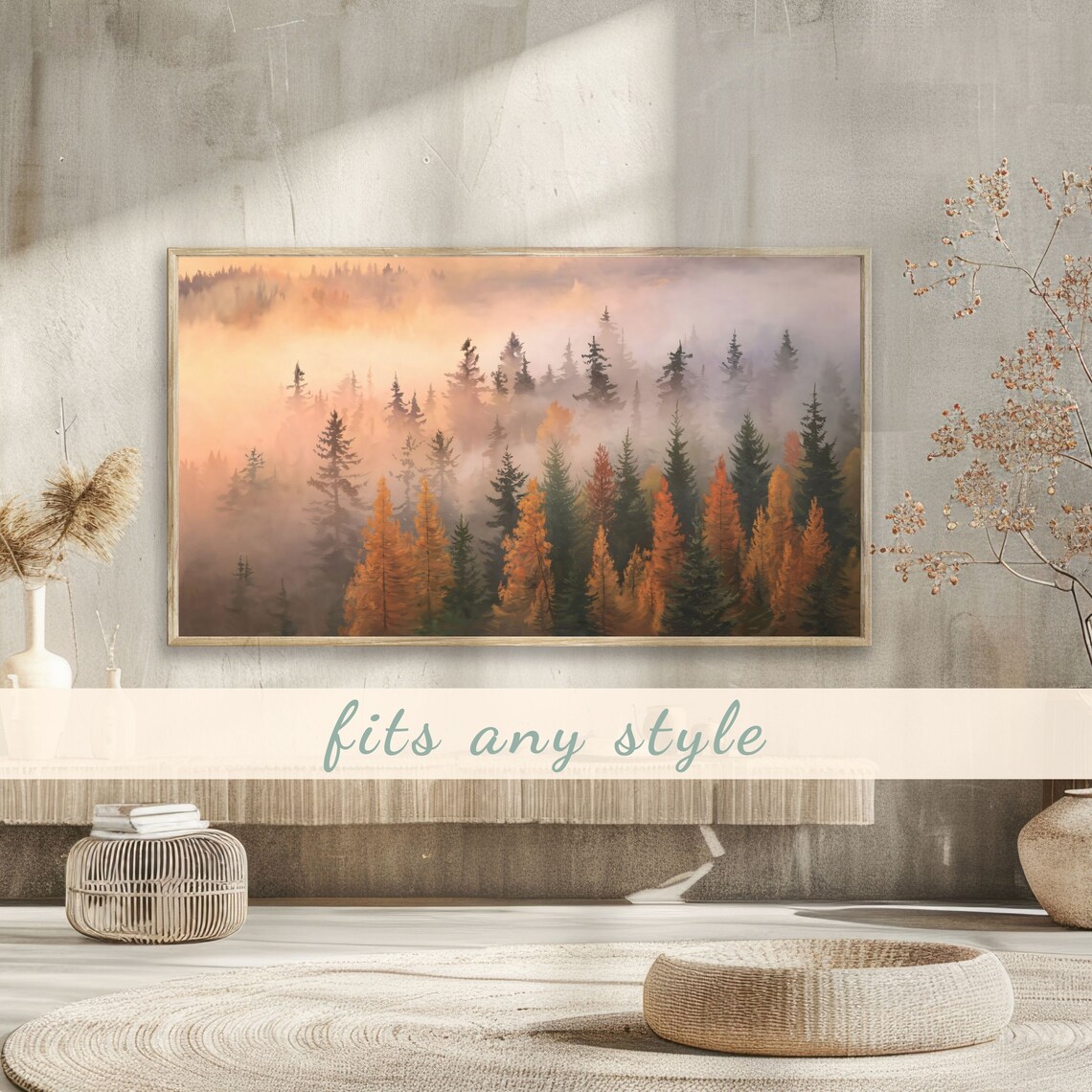 Misty Autumn Pine Forest Atmospheric Golden Trees Landscape Poster - Image 3