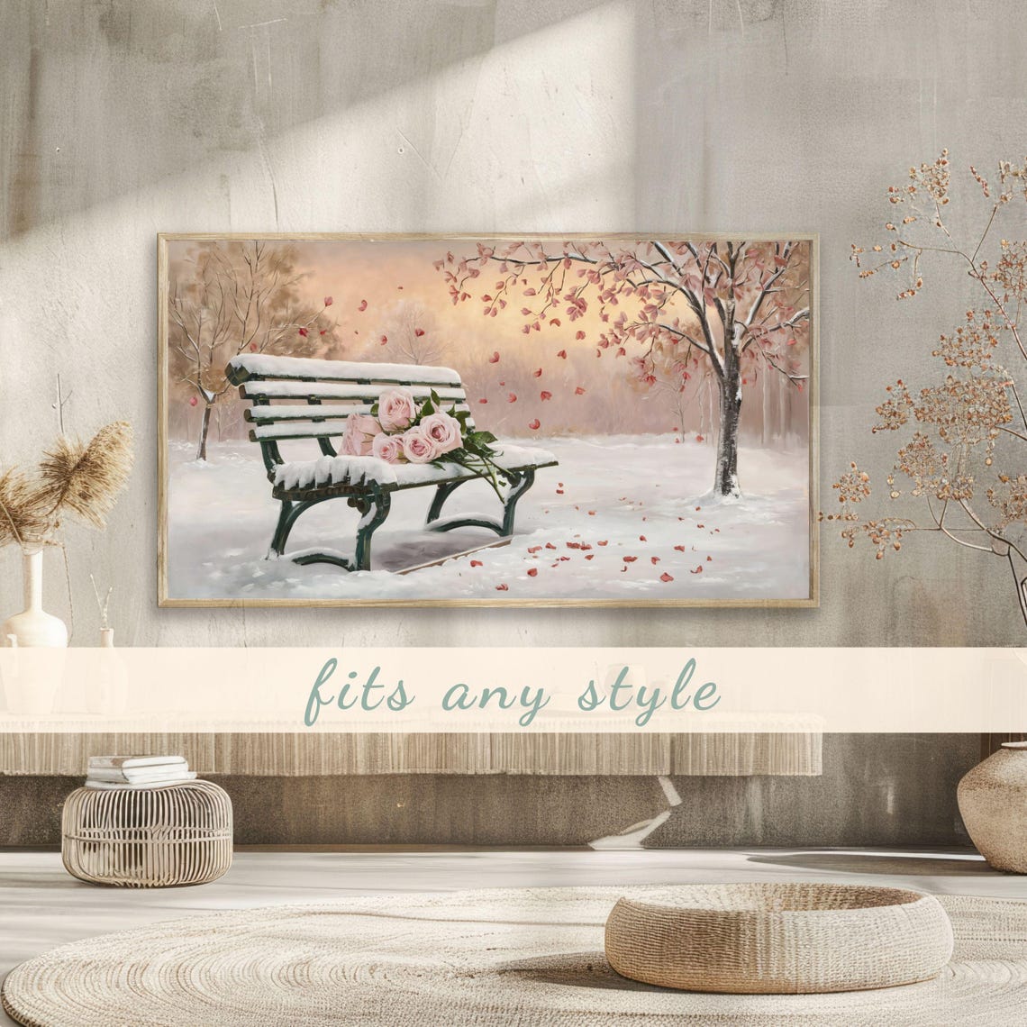 Snowy Park Bench Pink Roses Falling Petals Romantic Painting Poster - Image 3
