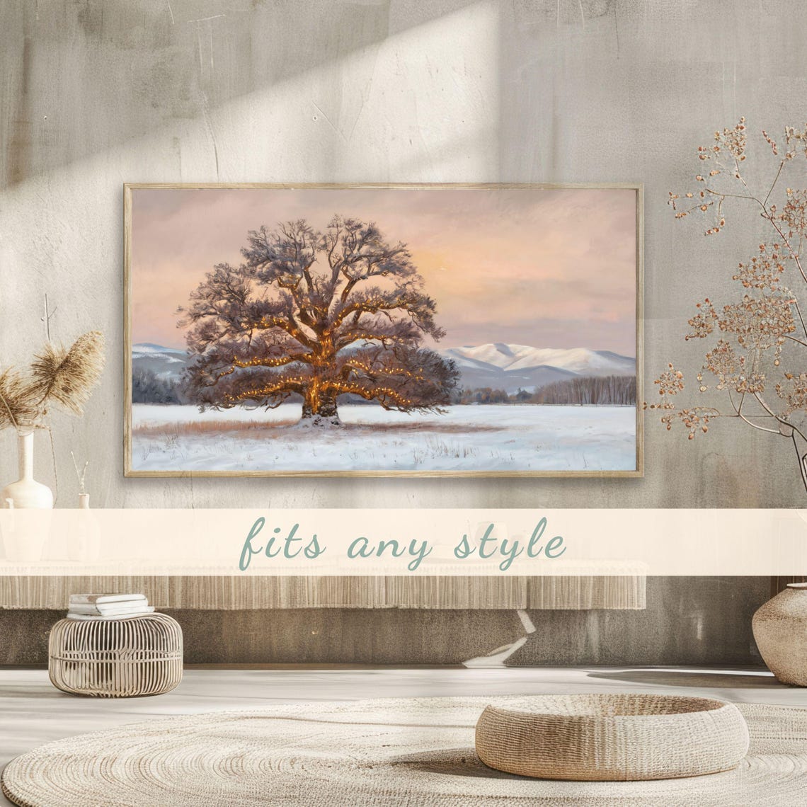 Frosty Oak String Lights Snowy Field Mountain Winter Dusk Poster - Image 3