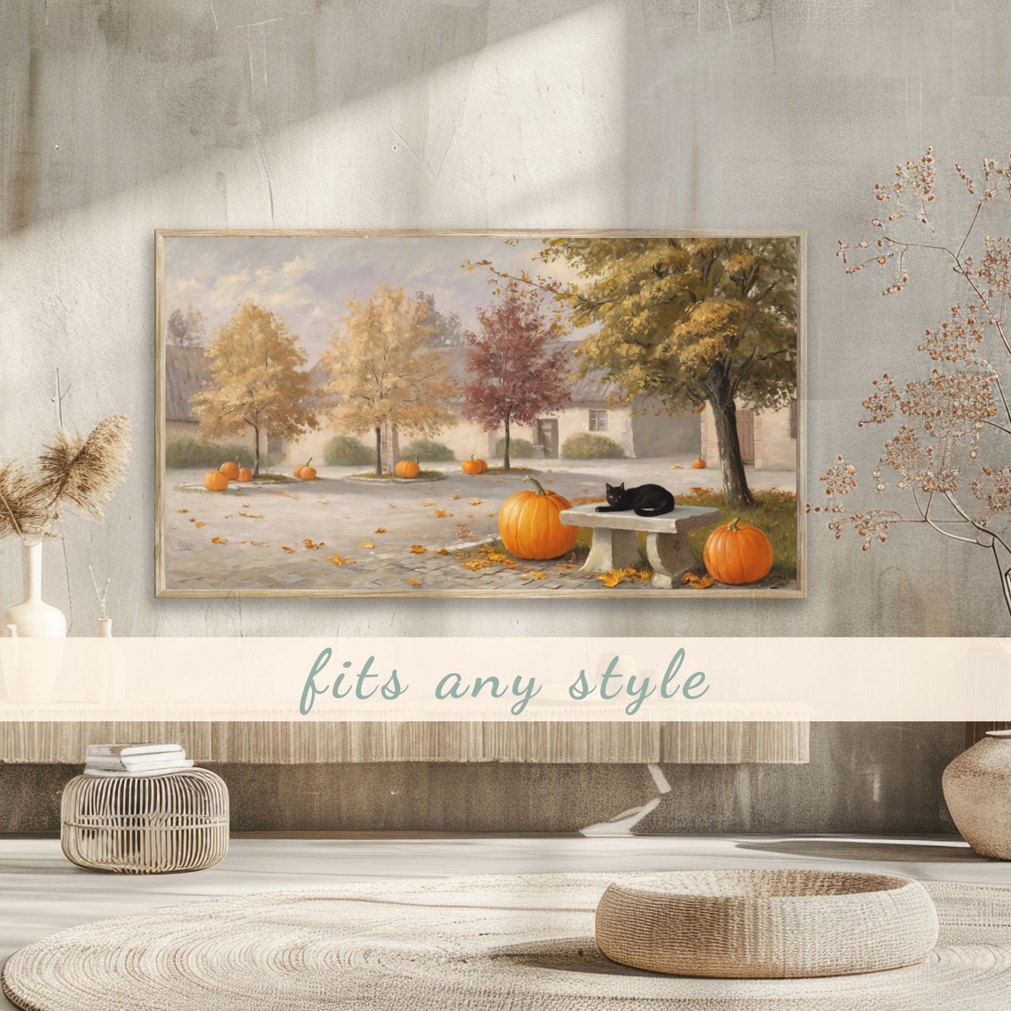 Autumn Village Square with Pumpkins and Black Cat Vintage Poster - Image 3
