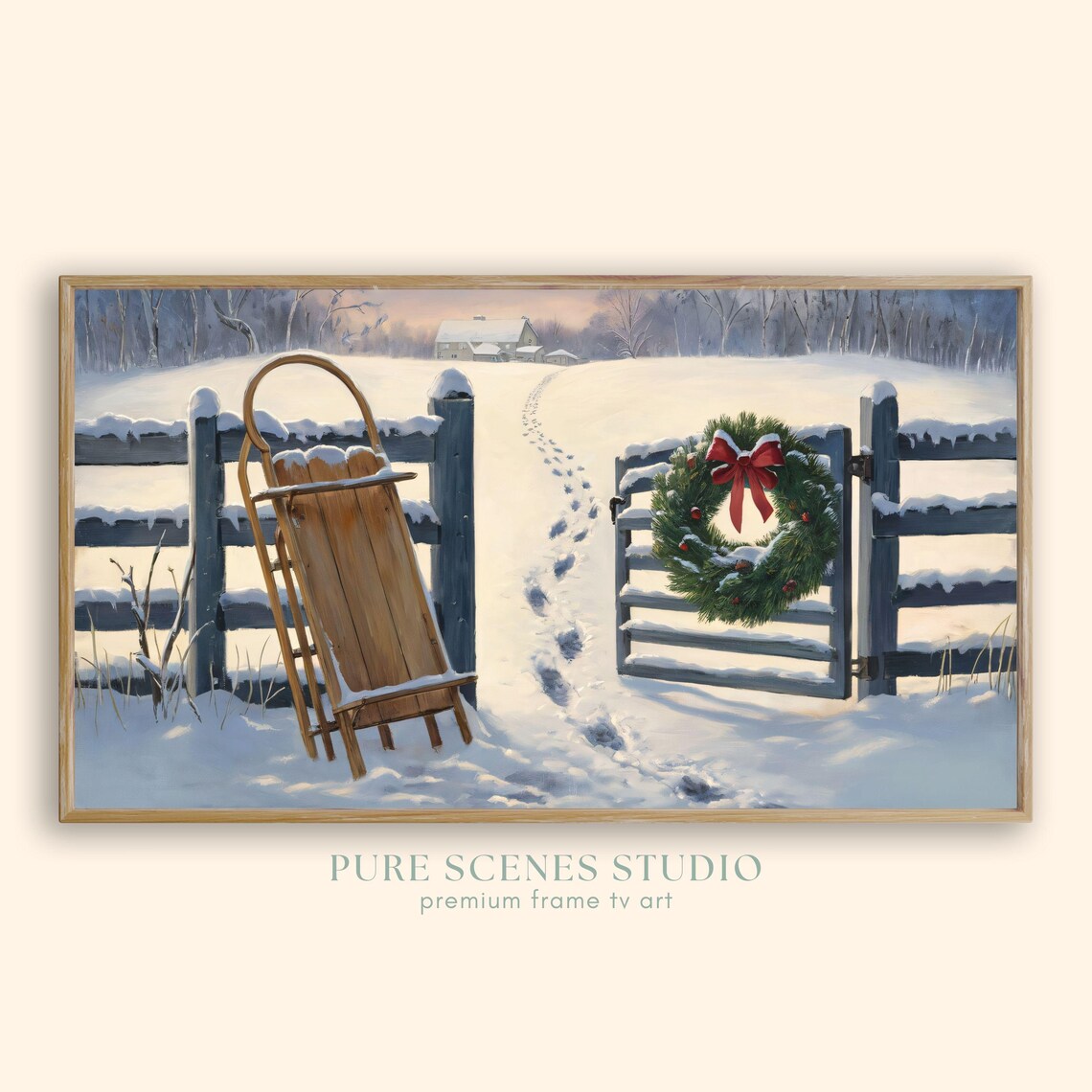 Vintage Wooden Sled Snowy Fence Wreath Winter Painting Poster