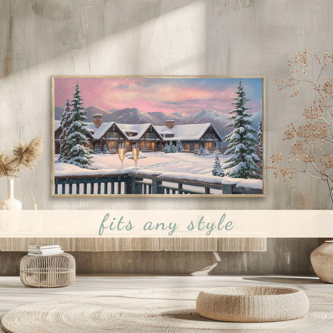 Snowy Mountain Lodge Champagne Glasses Winter Holiday Dusk Poster - Image 3
