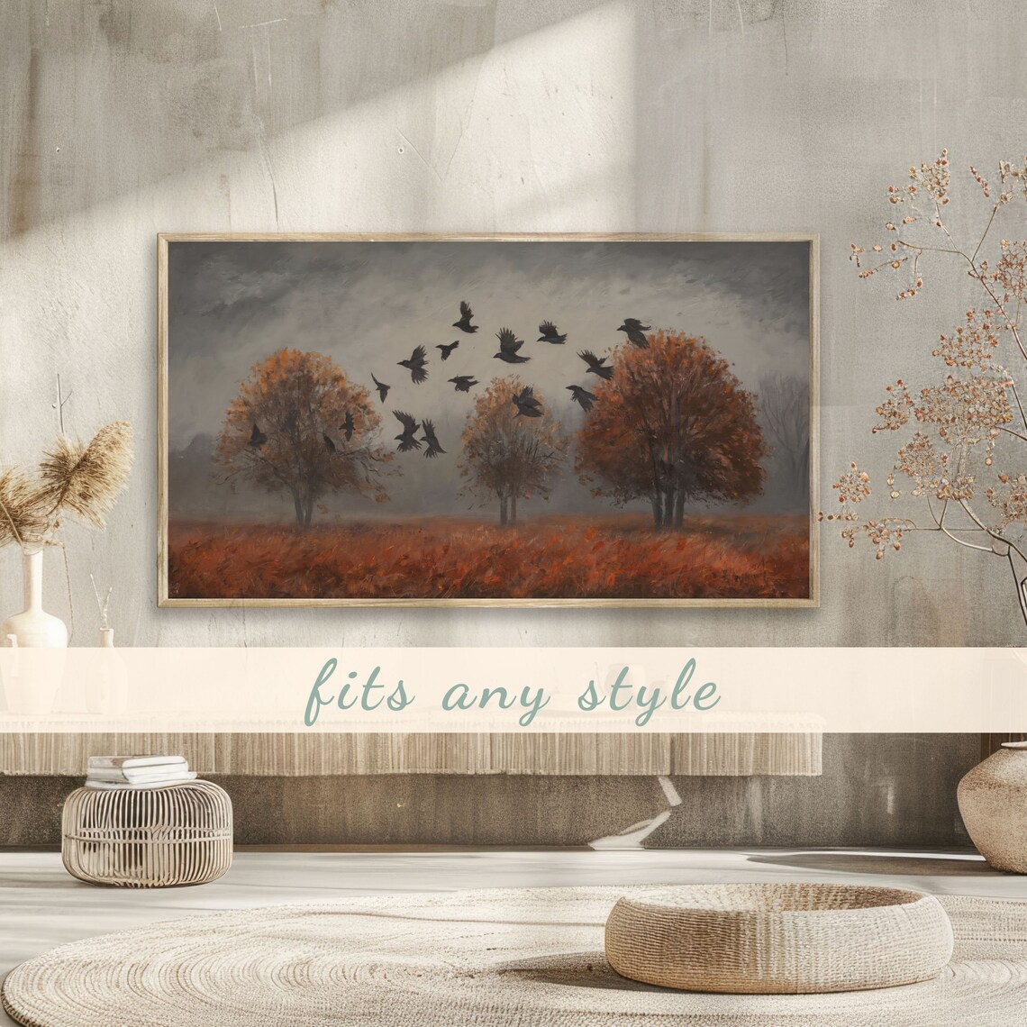 Moody Fall Frame Tv Art Autumn Field With Crows Vintage Landscape Wall Art Atmospheric Fall Decor Rustic Nature Scene - Image 3