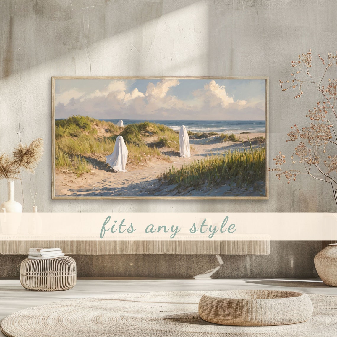Sheet Ghosts Wandering Coastal Dunes by the Ocean Halloween Poster - Image 3