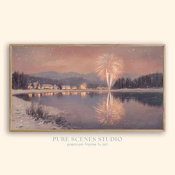 Snowy Lake Fireworks Reflection Village Winter Painting Poster