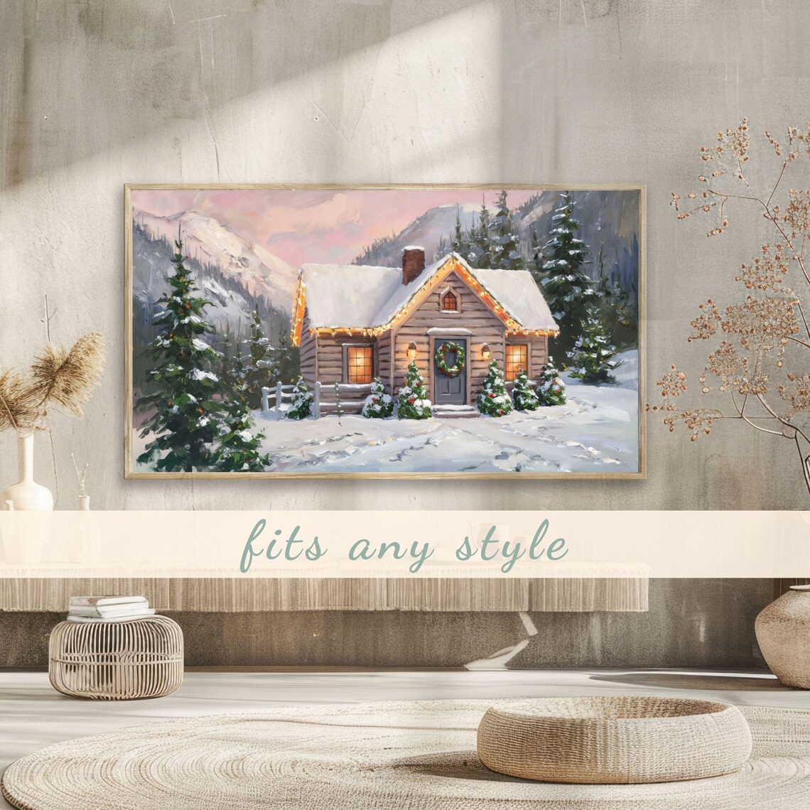 Snowy Cabin with Christmas Lights Cozy Mountain Winter Poster - Image 3
