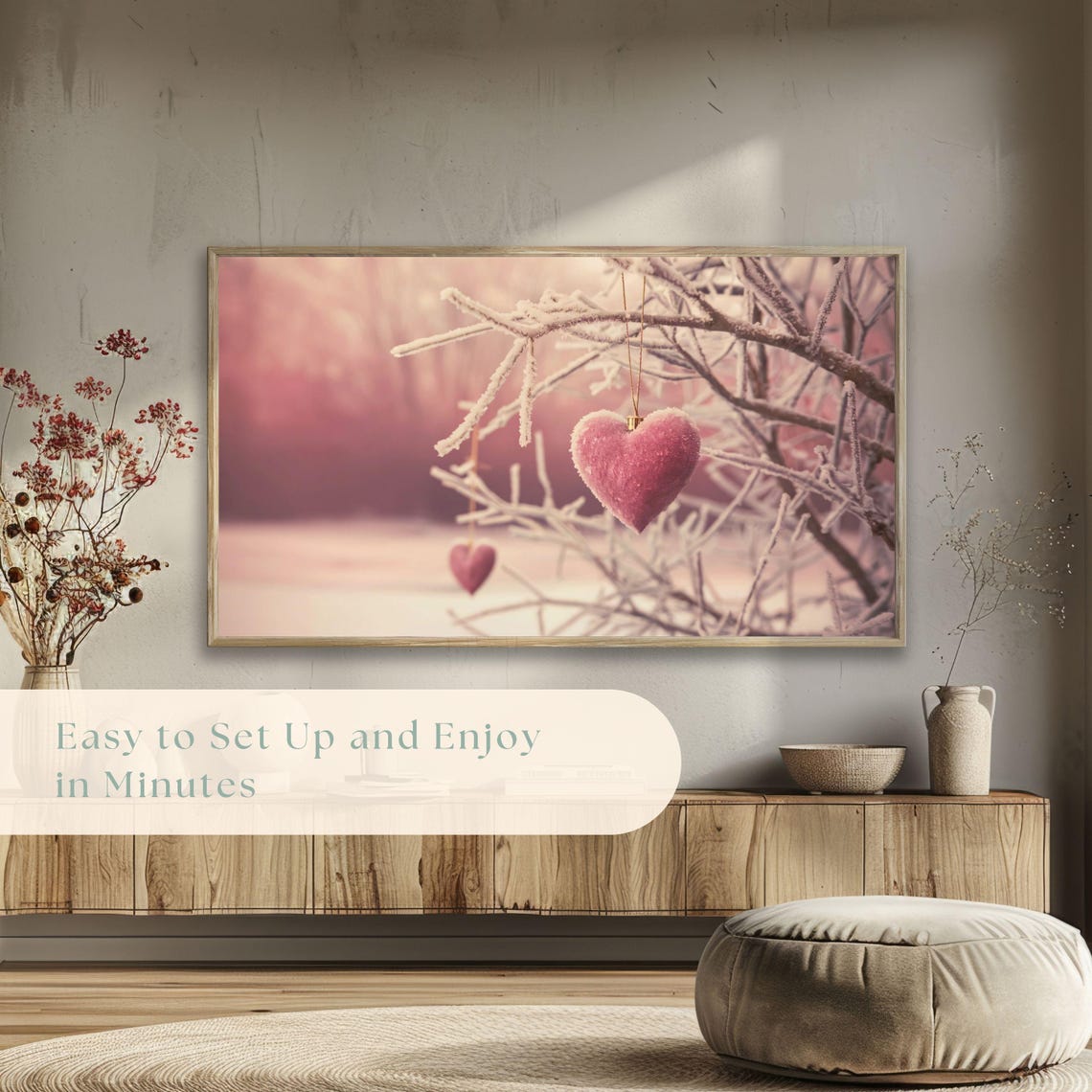 Frosty Pink Heart Ornaments Winter Bokeh Photography Art Poster - Image 5