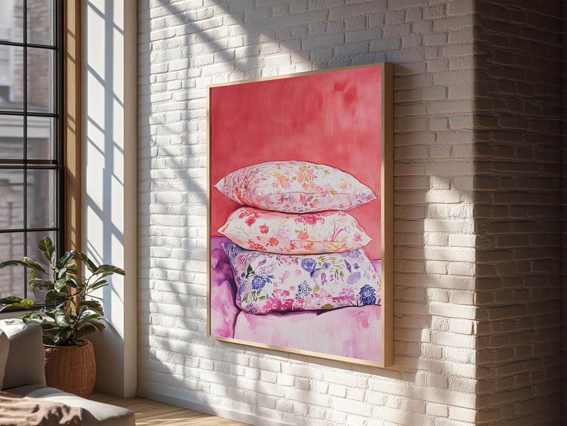 Floral Pillows Stack Watercolor Cozy Pink Bedroom Wall Art Poster - Image 5