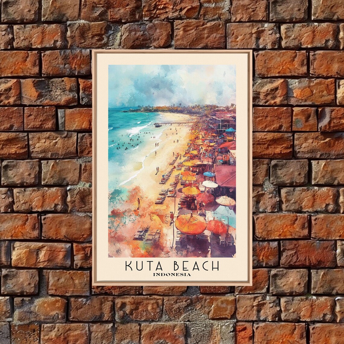 Kuta Beach Indonesia Busy Beach Colorful Umbrellas Surf Watercolor Poster - Image 5