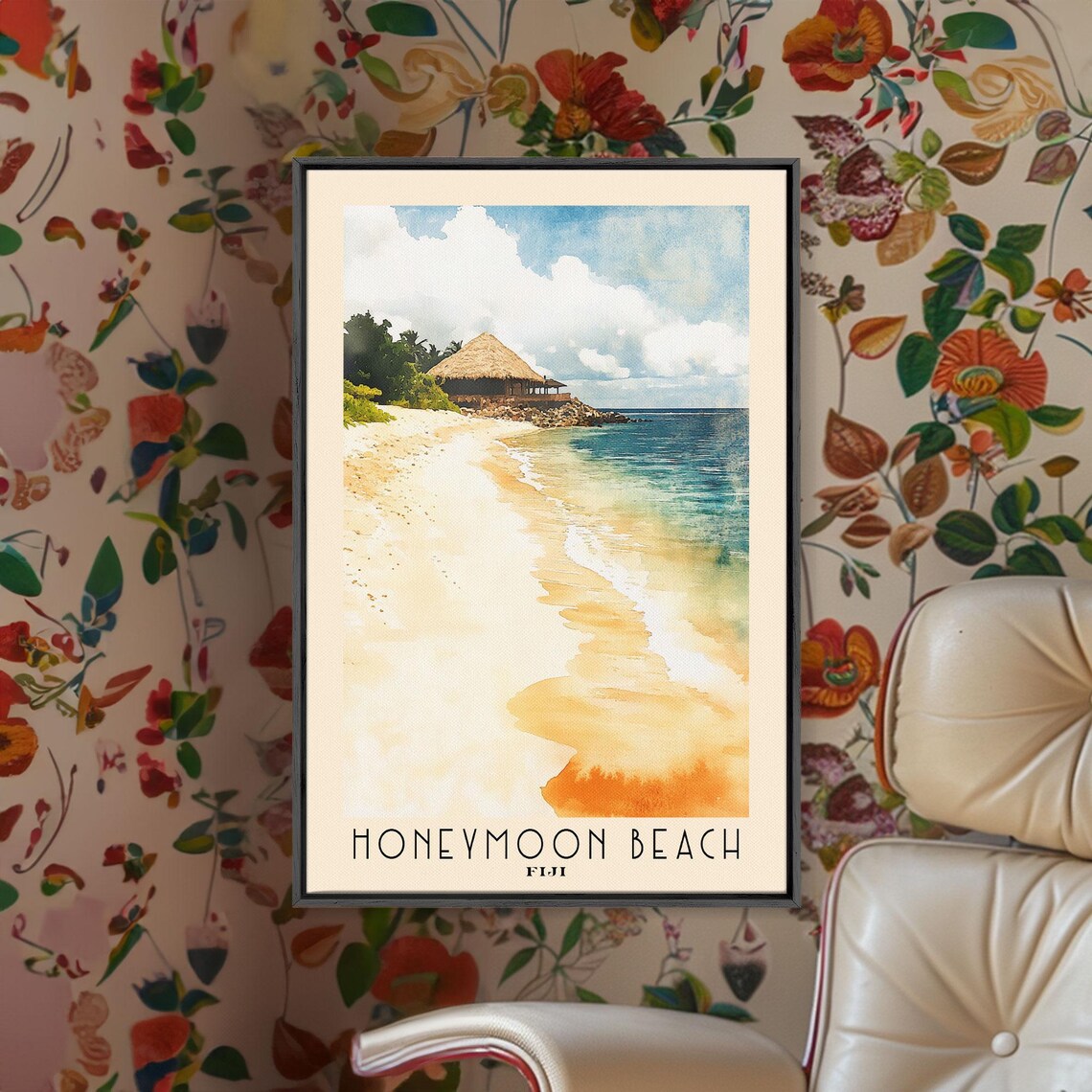 Honeymoon Beach Fiji Thatched Hut White Sand Watercolor Island Poster - Image 2