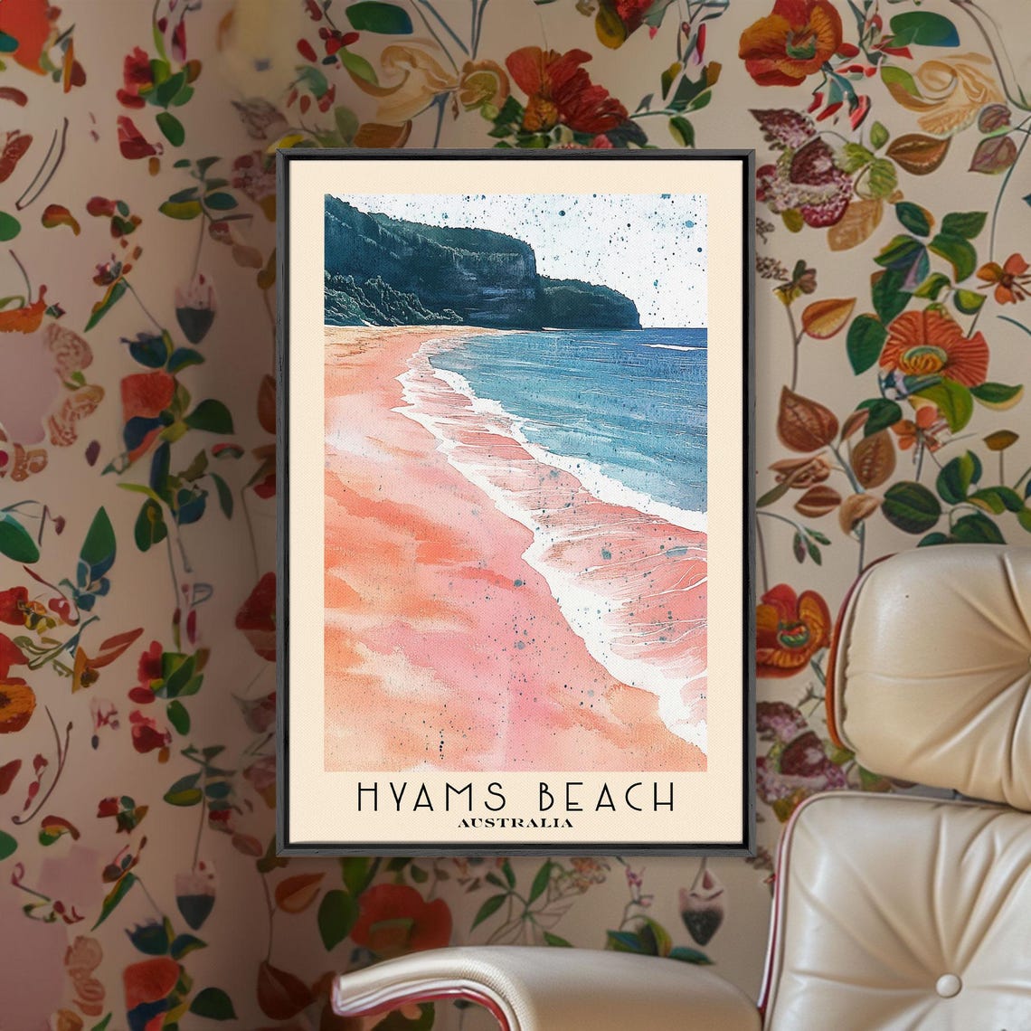 Hyams Beach Australia Pink Sand Headland Cliffs Watercolor Surf Poster - Image 2